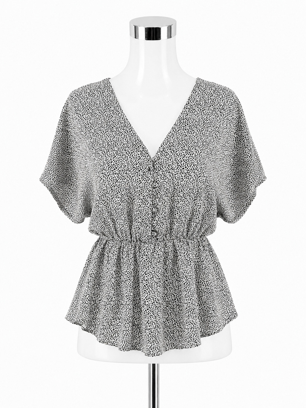 Sienna Sky Dotted Print Peplum Blouse White Black Short Sleeve Top Size Small
